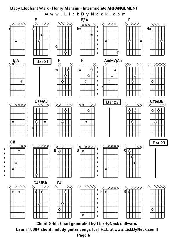 Chord Grids Chart of chord melody fingerstyle guitar song-Baby Elephant Walk - Henry Mancini - Intermediate ARRANGEMENT,generated by LickByNeck software.